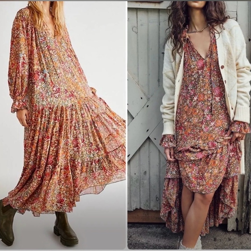 Free people Floral Tiered V-Neck Maxi Dress - Rust Floral